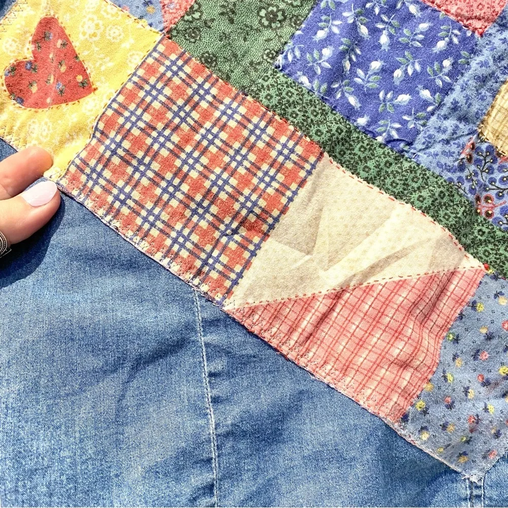 Upcycled patchwork vibe print on denim shirt w prairie country vibe - Picture 7 of 13